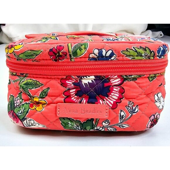 Vera Bradley Salmon Floral Zip Logo 3 compartment Iconic Jewelry Quilted Bag - Picture 1 of 10